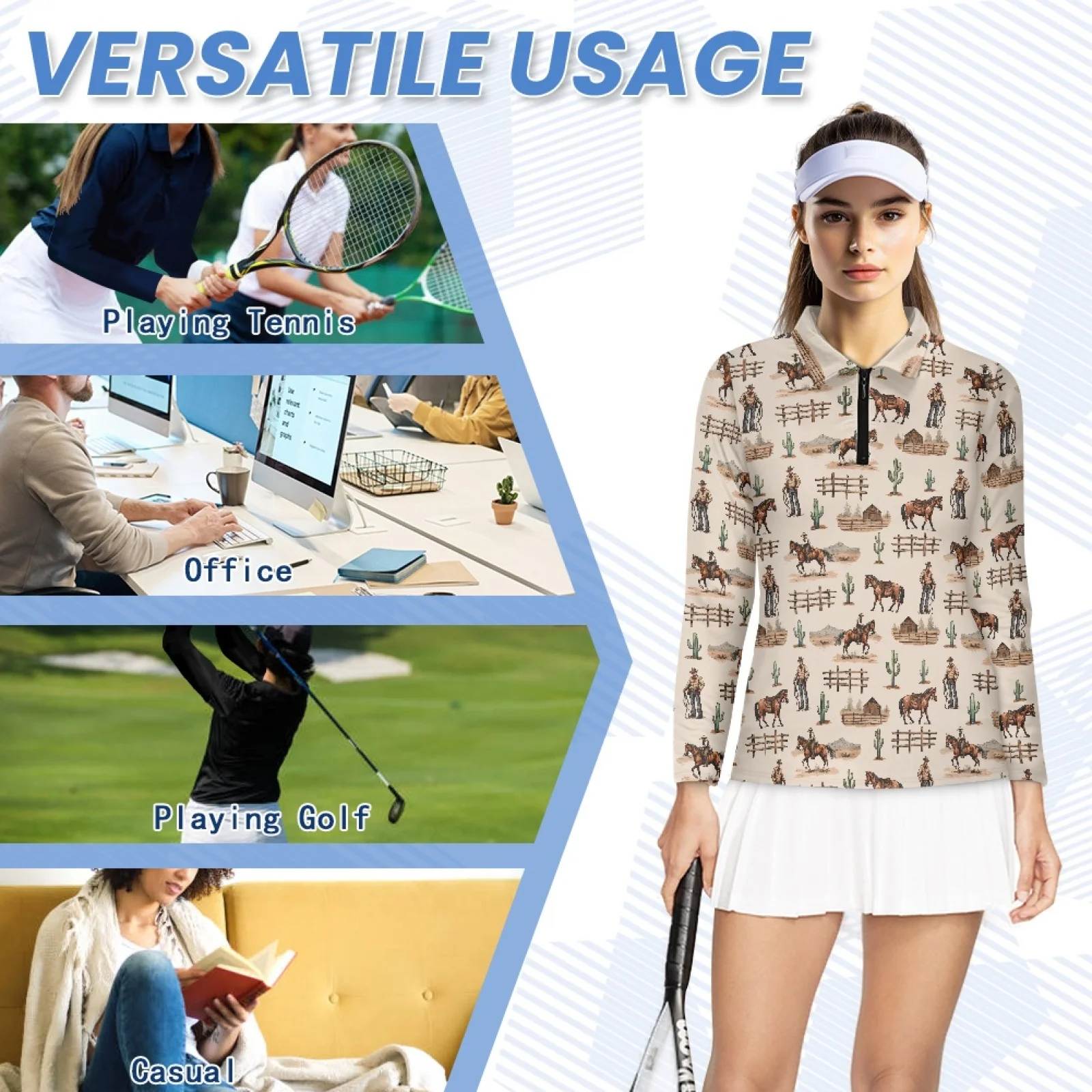 PENSTROLL Camiseta Polo de Tenis con Cierre y Absorción de Humedad para Mujer, Estilo Vaquero Occidental, Camisetas de Golf de Secado Rápido para Mujer, para Fitness