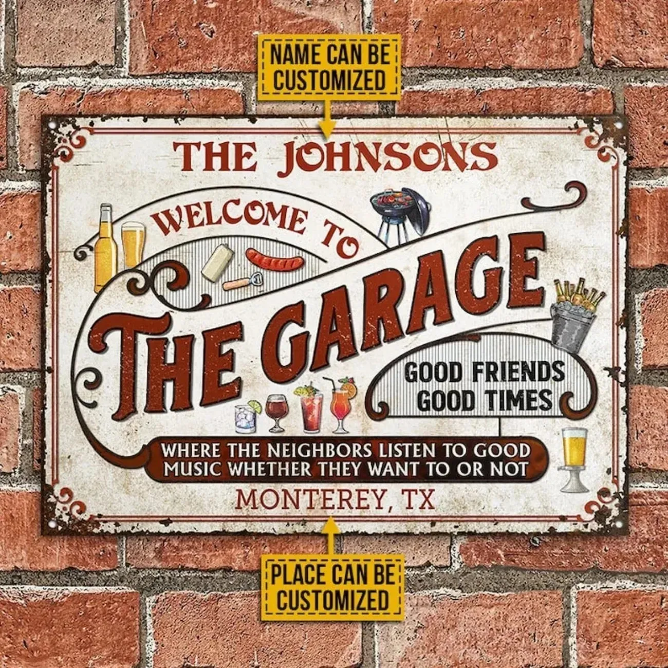 [2D Flat] Customizable Vintage Metal Garage Sign Personalized Dad Gift Grill Music Pattern Outdoor Bar Man Cave Wall Decor For M