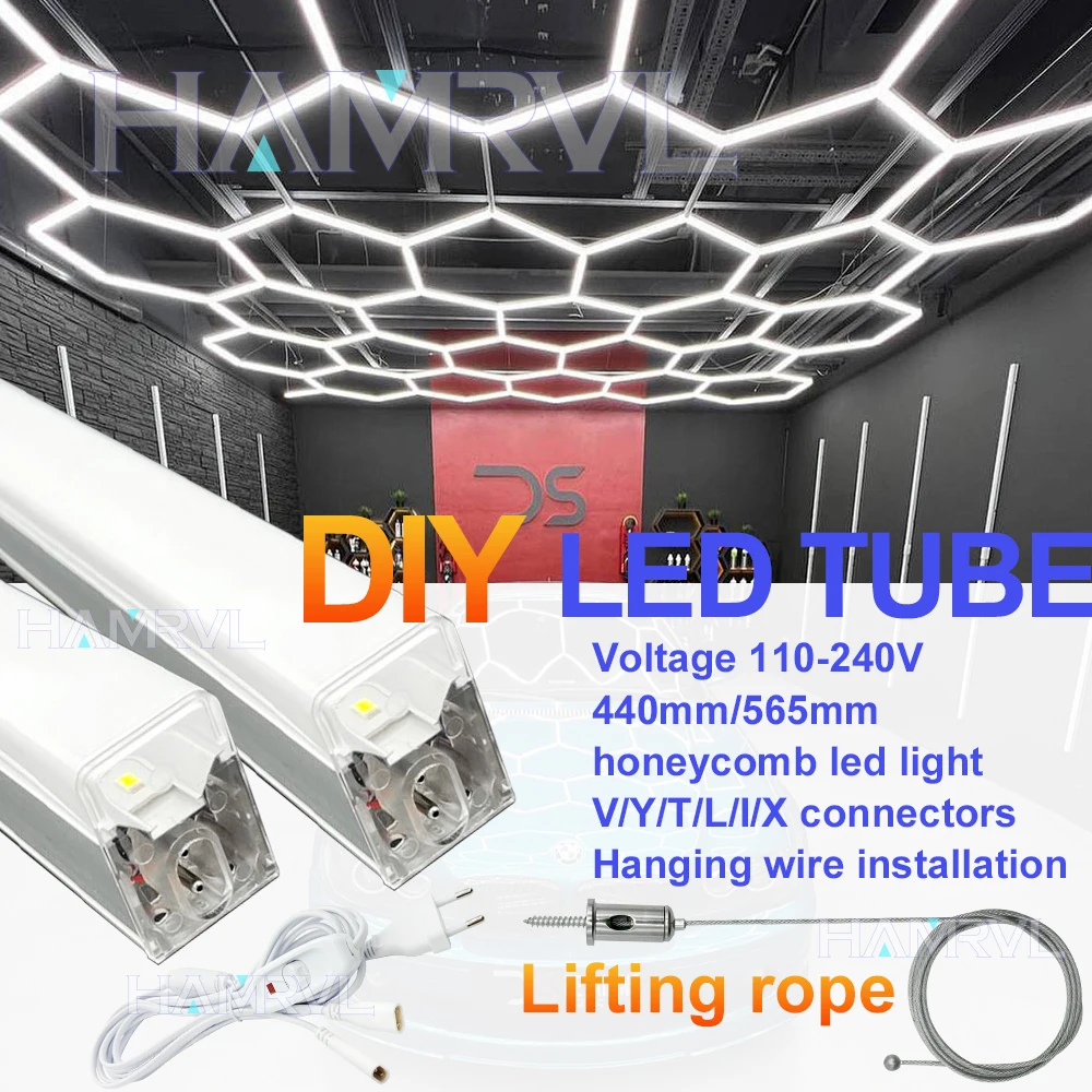 Honeycomb DIY LED tube Lamp Hexagon Lighting for garage light lifting rope connector cable accessories 110-240V Barber Workshop