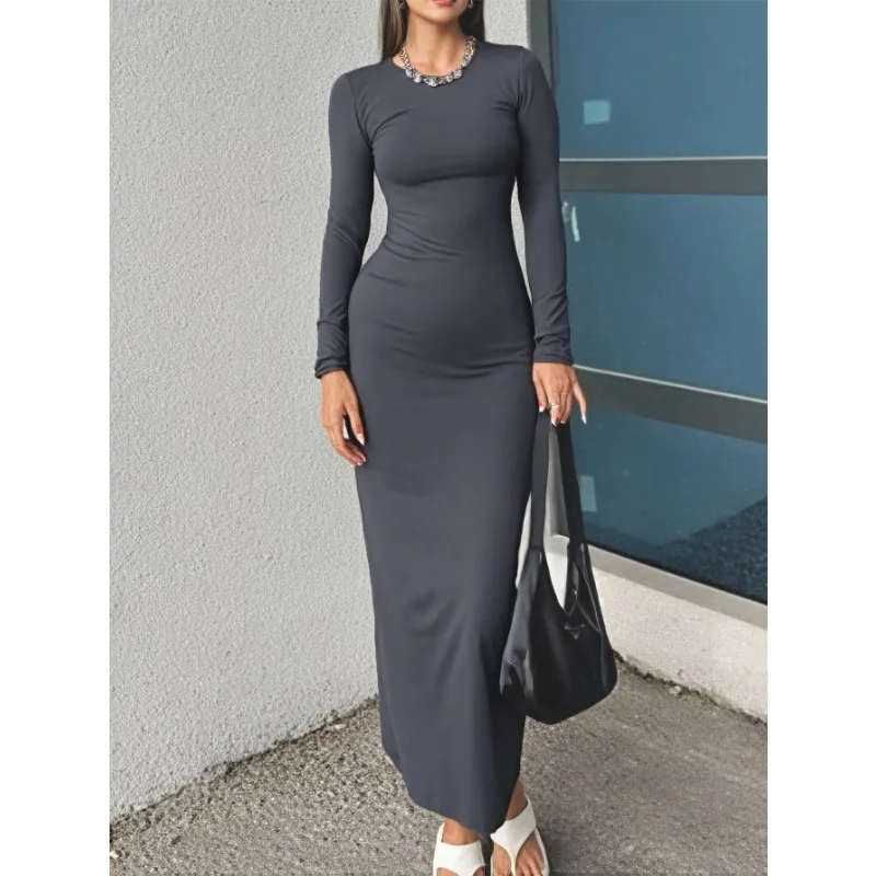 Y2K sexy heupknuffelende dames herfst- en winterslanke stretch lange jurk met ronde hals
