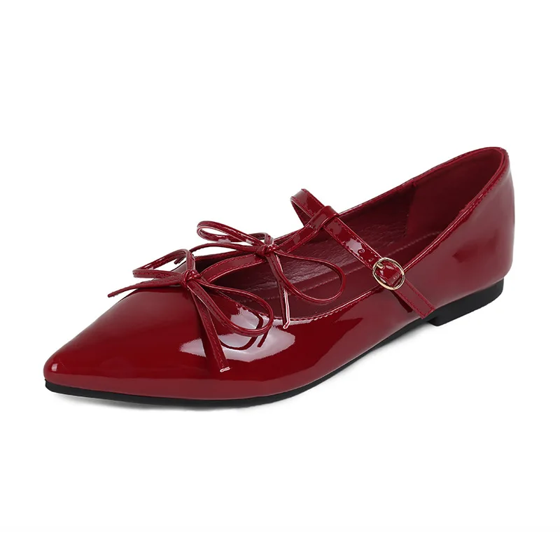 

Bowknot Mary Jane Shoes Women Black Pointed Toe Glossy Leather Flats Female Red Wedding Shoes Zapatos Planos De Mujer Mocasines