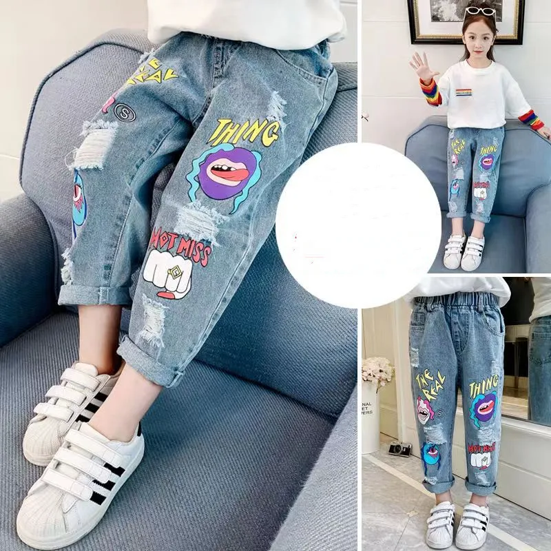 Kids Girls Jeans 2023 New Spring And Autumn Korean Edition Clothing Dad Pants Medium Size Loose Fit Children\'s Perforated Pants