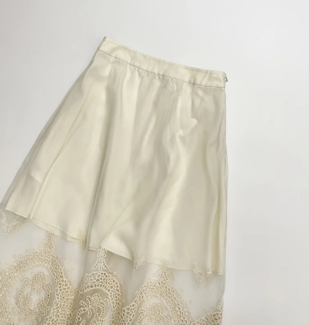 2026 Summer Women Layered Lace Patchwork Hollow Out Skirt Elegant Lady Silk A-line Mid Half Body Skirt