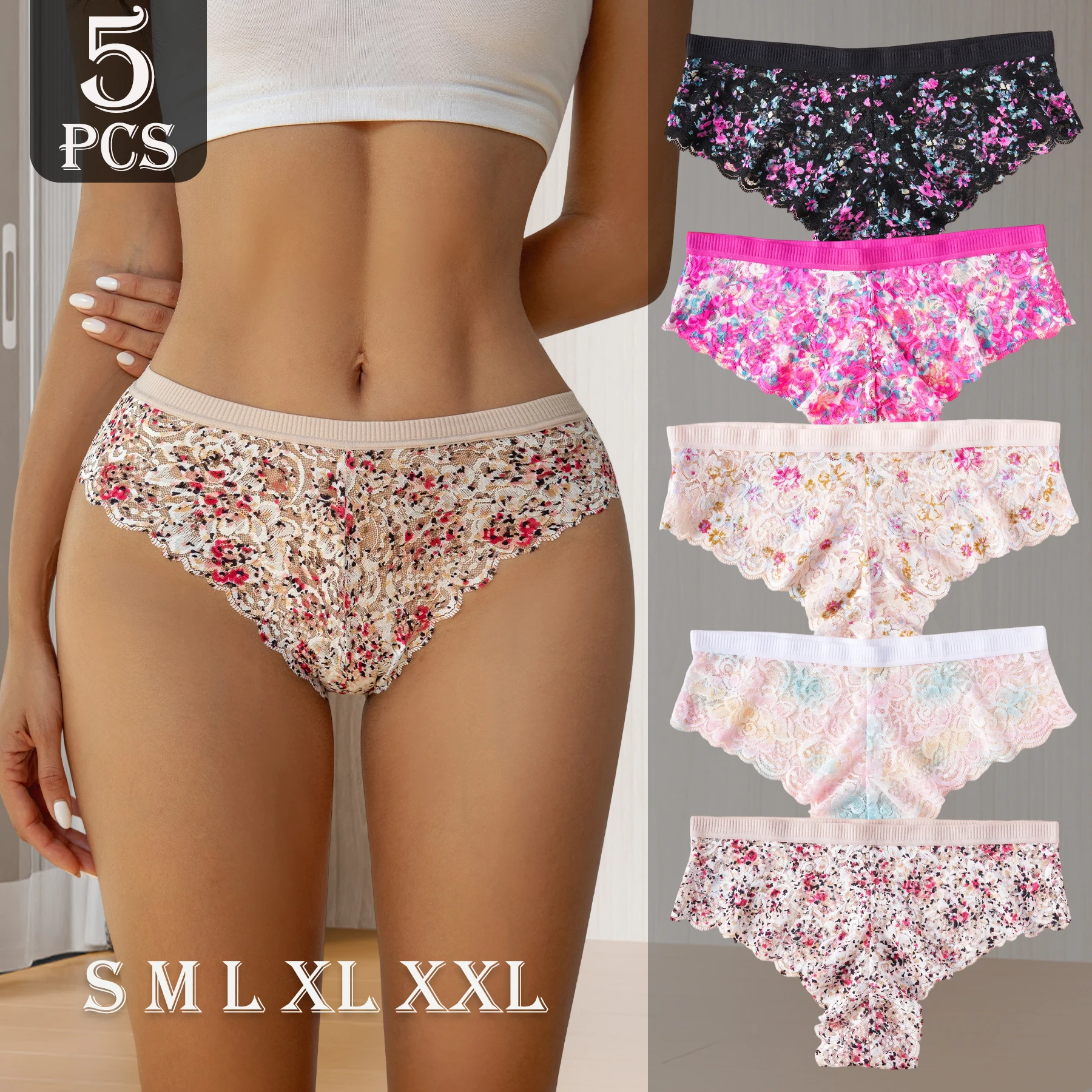 5PCS New Women Underpants Hollow Out Lace Colored Printed Sexy Panties High Quality Comfortable Briefs Fashion Female Lingerie