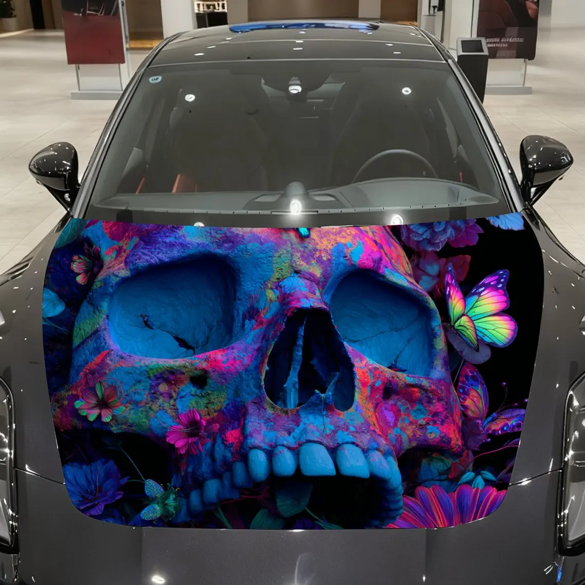 

Colorful Skull And Flower Car Vinyl Wrap, PVC Waterproof Car Hood Sticker, Self-Adhesive Scratch-Resistant Stickers For Engine C