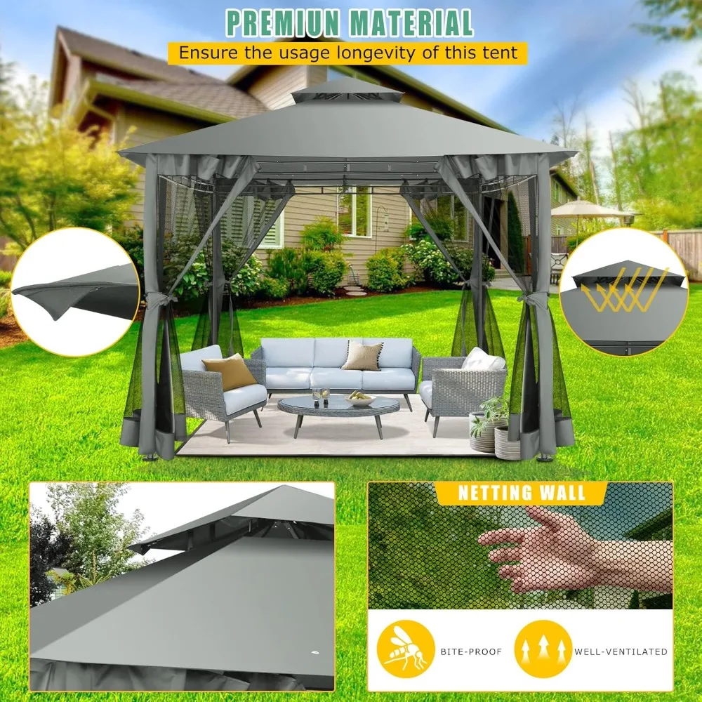 HOTEEL 10'x10' أكشاك خارجية للفناء مع شبكة، خيمة مظلة مقاومة للماء بإطار فولاذي عالي التحمل، فوز عالي