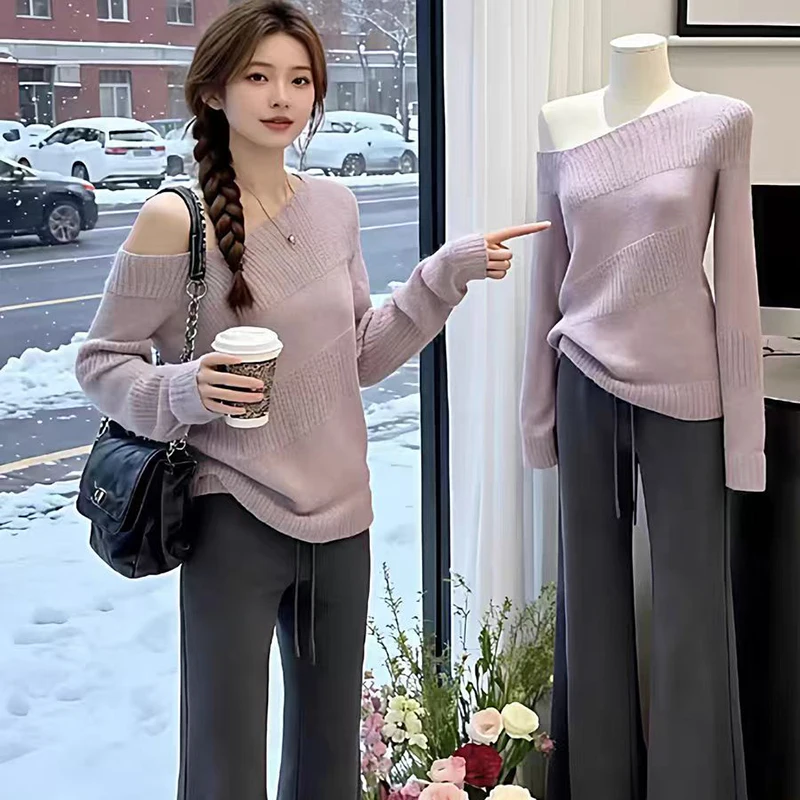 

Autumn and Winter New Korean Slim Fit Knitted Pullover Sweater for Women Fashion Thick Slash Neck Off Shoulder Top Outwear Pull