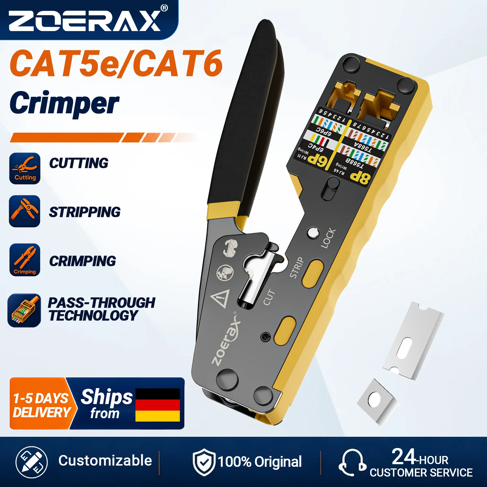 ZoeRax RJ45 Crimping Tool Pass Through Crimper for Cat6/5e/5 Ethernet Connector All-in-one Wire Tool With Replacement Blade