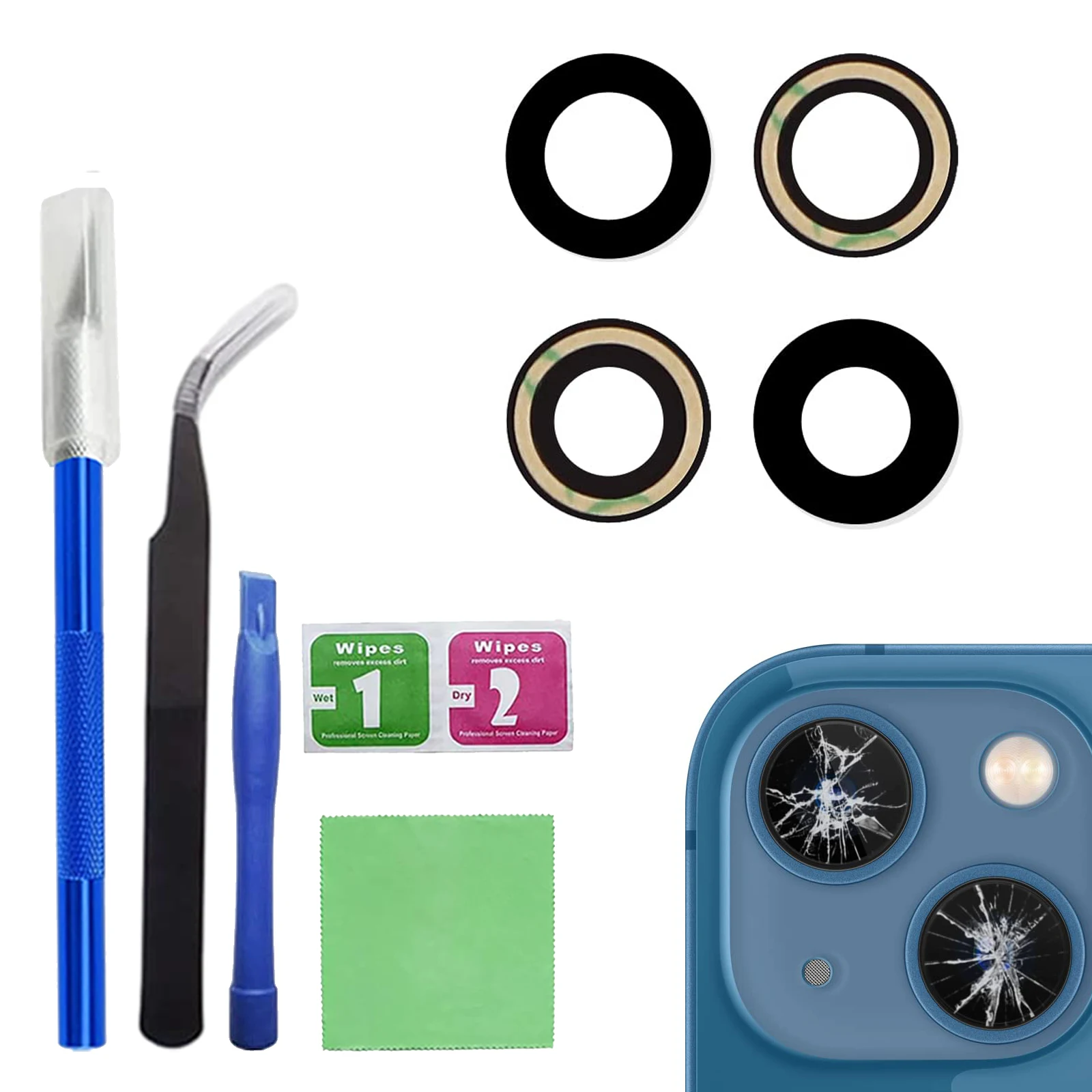 2 مجموعات الأصلي عدسة الكاميرا الخلفية الزجاج استبدال آيفون 12 / 12 Mini مع لاصق مثبت مسبقًا ومجموعة أدوات إصلاح