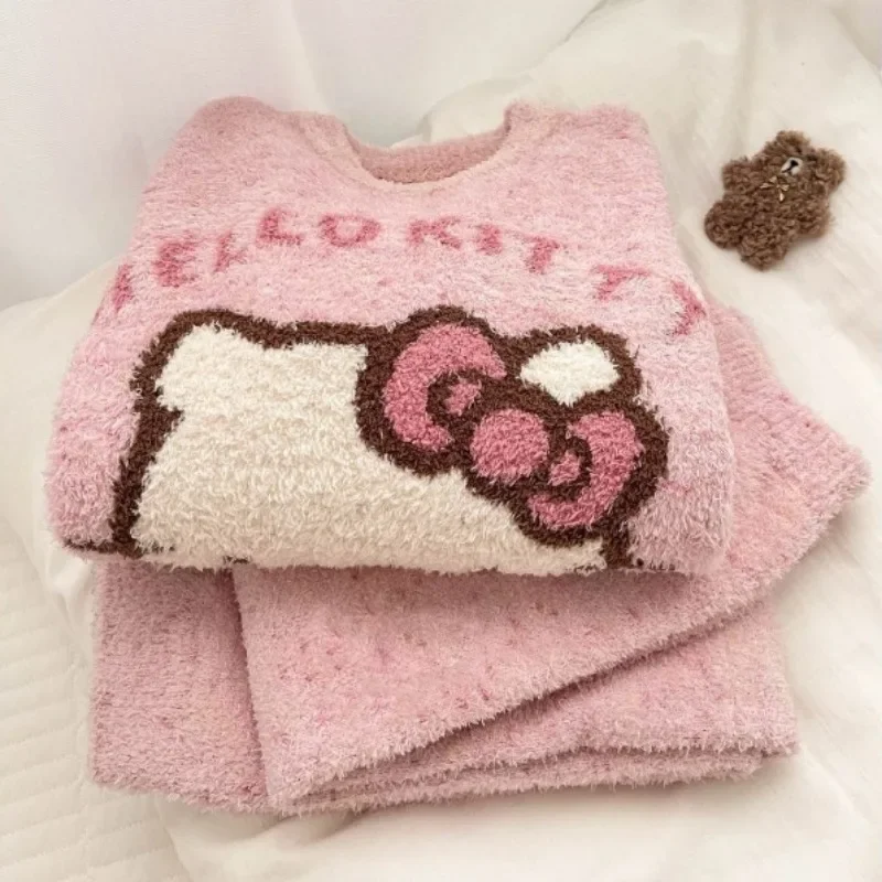 new Hello Kitty Pooh Bear sweet and cute pajama suit autumn and winter girls home casual tops pants home clothes lazy style