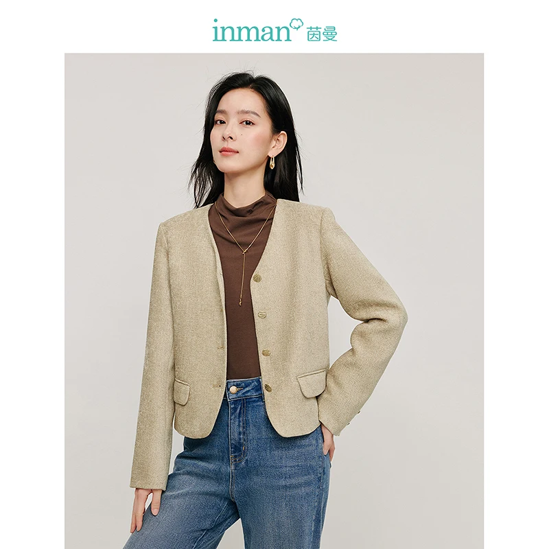 INMAN 2024 autumn winter Commuter Women's Coats office lady V-neck short jackets Outerwear tops