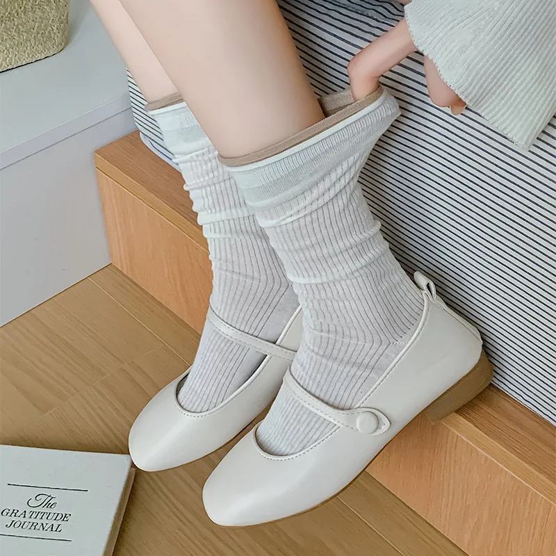 Women Socks Summer Cotton Thin Breathable Middle Tube Socks Women Color Matching College Style School Girls Elastic Long Socks