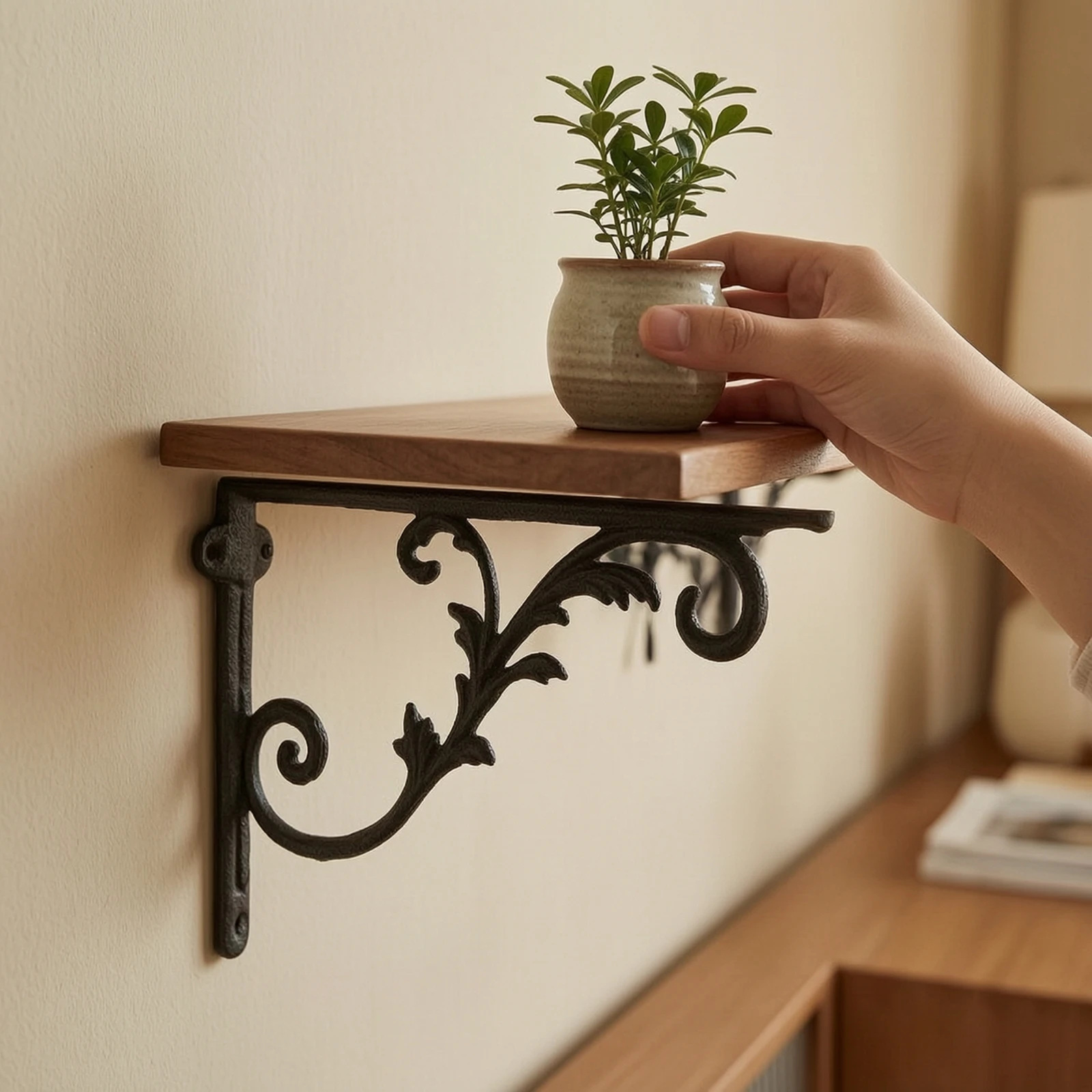 Decorative Shelf Brackets Heavy Duty Cast Iron Bracket Corbel Vine Design Hardware Sturdy for DIYers, Living Room, Entryway