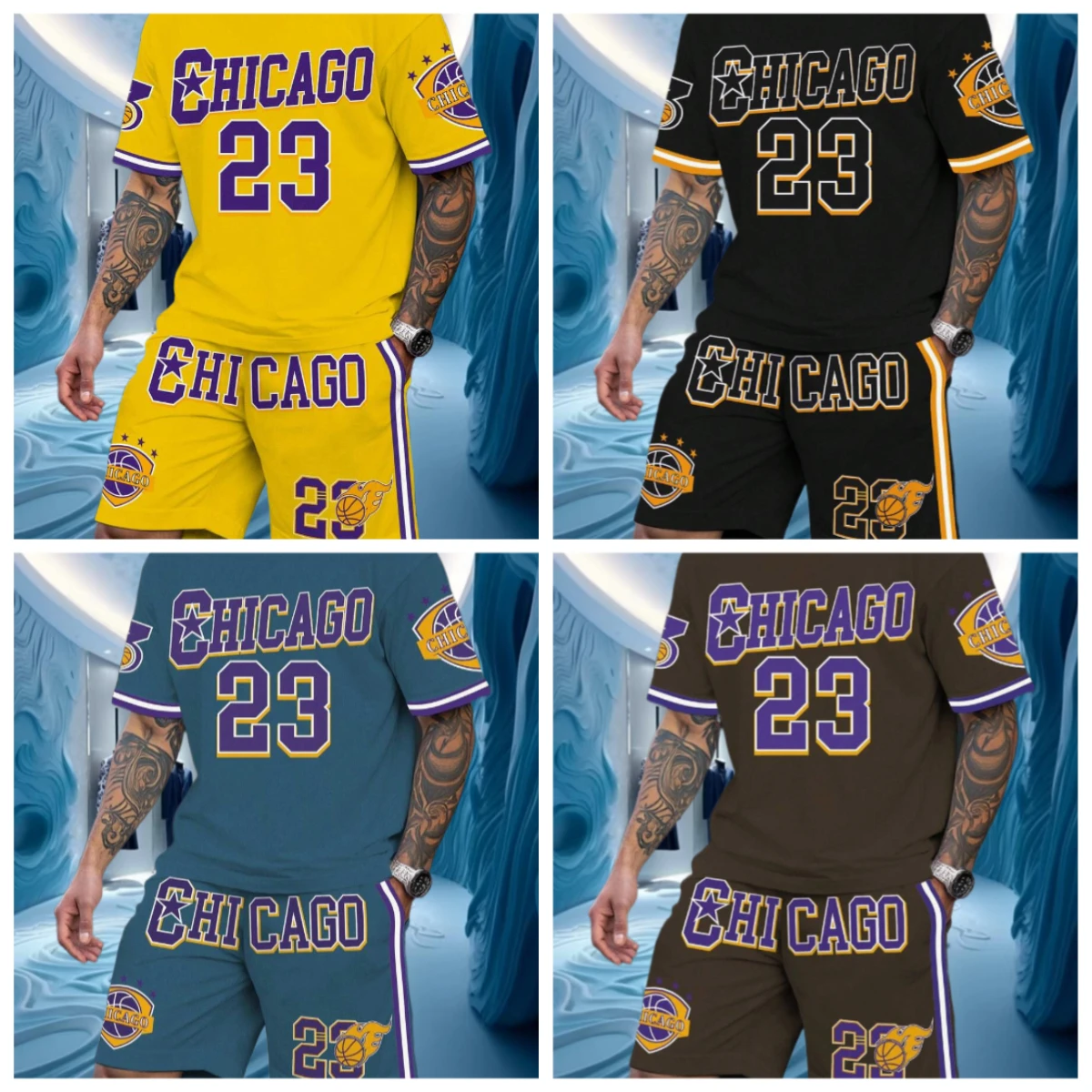 

25 New Purple Chiago No.23 Print Men's Casual Short Sleeve T-Shirt Shorts Set Adult Basketball Jogging 2 Piece Set Men Clothing