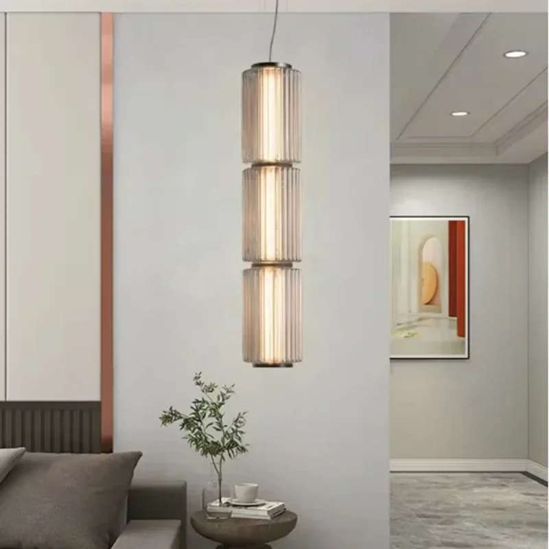 Nordic Long Striped LED Chandelier Smoke Gray Glass Lampshade for Restaurant Living Room Decorative Lighting Fixture