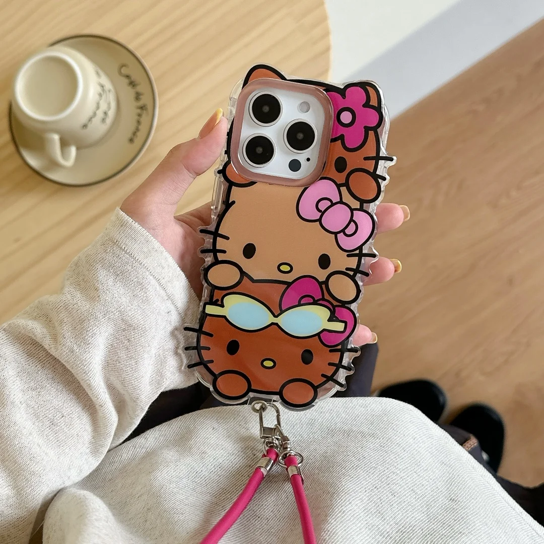 

Hello Kitty head 3D Vogue Hand Carry Crossbody bag Senior Phone Case For iPhone 16 15 14 13 Pro Max Y2K Cover for Madam Girls