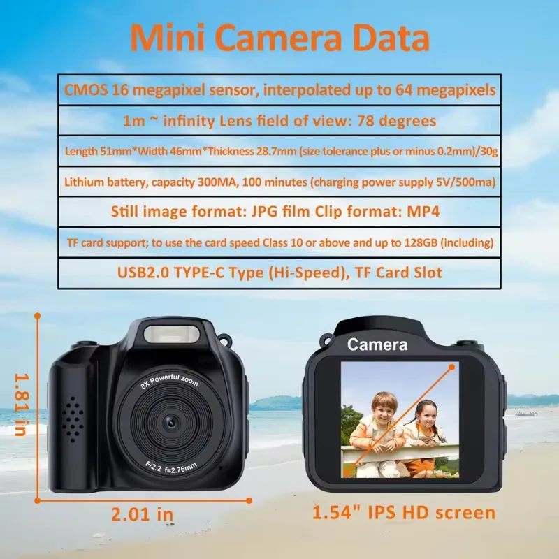 كاميرا رقمية صغيرة 6400 وات HD 4K DSLR مع فلاش، مسجل فيديو محمول مع شاشة LCD، كاميرا سفر، شاشة كبيرة مدمجة للإبهام