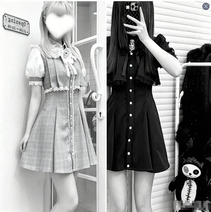 Original Japanese Mass-production Lolita Summer Dress Women Girls Black and White Faux Cape Short A-line Dresses