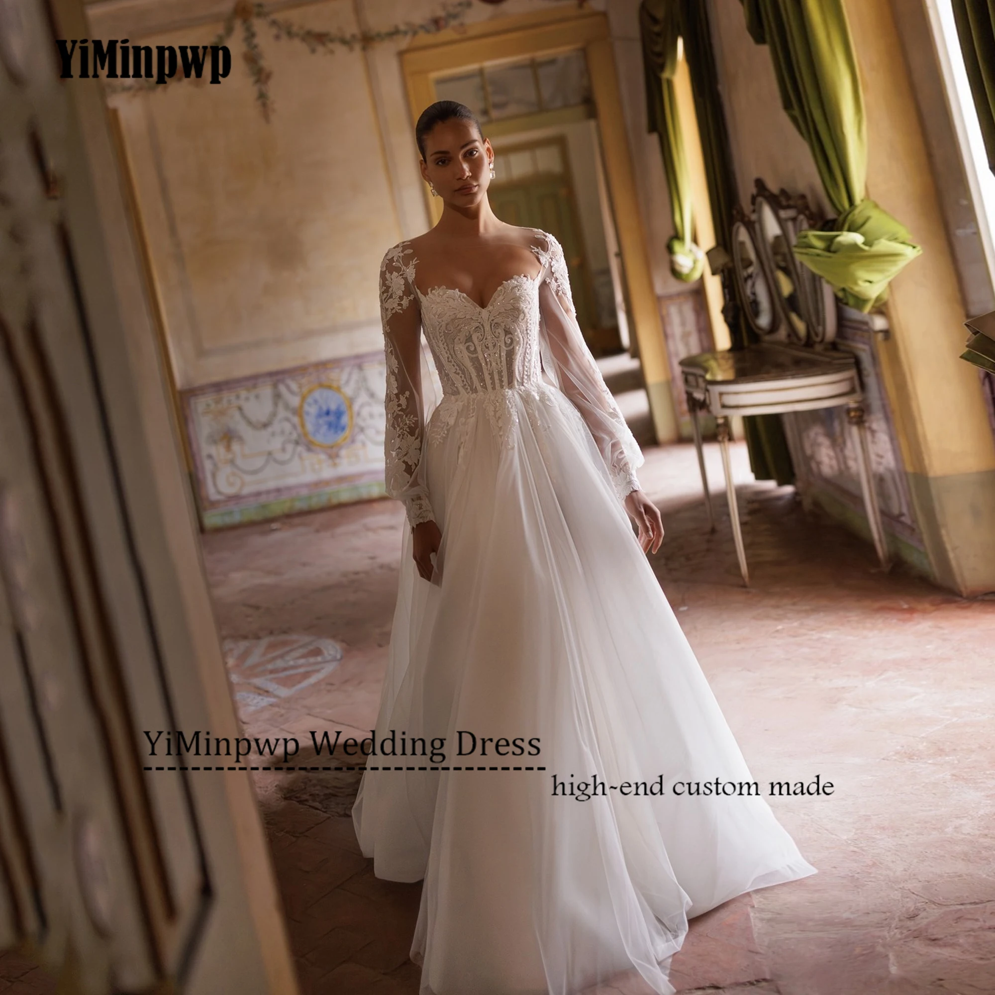 Abito da sposa in pizzo personalizzato O-Collo Manica a sbuffo Tulle Principessa Abiti da sposa abiti da sposa 2025 A-Line Applique Lace Up