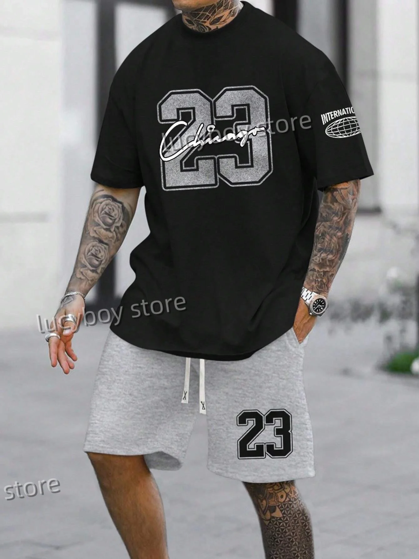 23 Chicago Letter Printed Sport T-shirt+shorts Suit Set Men Male Casual Tracksuit Outfit Summer Oversized 2 Piece Set Clothes