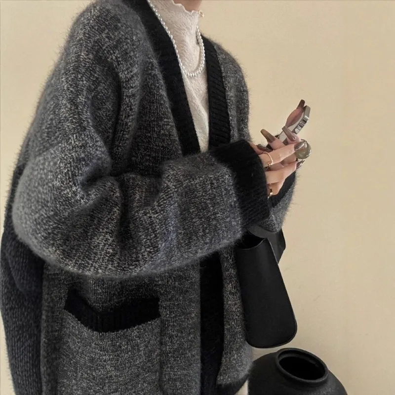 2025 Autumn Dark Gray Mixed-knit V-neck Big Sweater Cardigan Lazy High-end Loose-knit Jacket 2