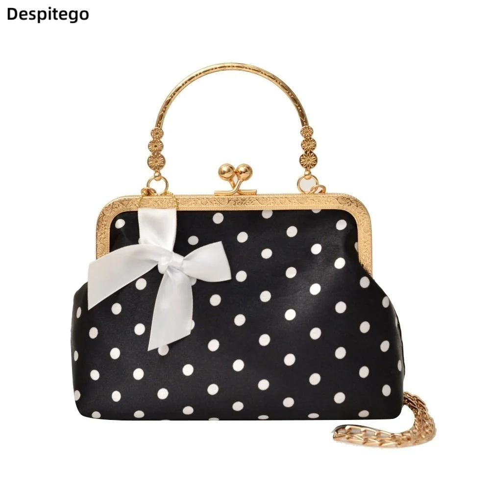 

Polka Dot Pattern Kiss Lock Shoulder Bag Metal Handle Detachable Chain Clasp-top Handbag Elegant Bow Decor Evening Purse Women
