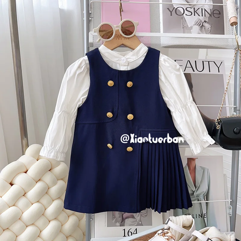 Girls' Autumn Suit New Baby College Style Dress Children's Western Style Shirt Vest Skirt Two-Piece Set