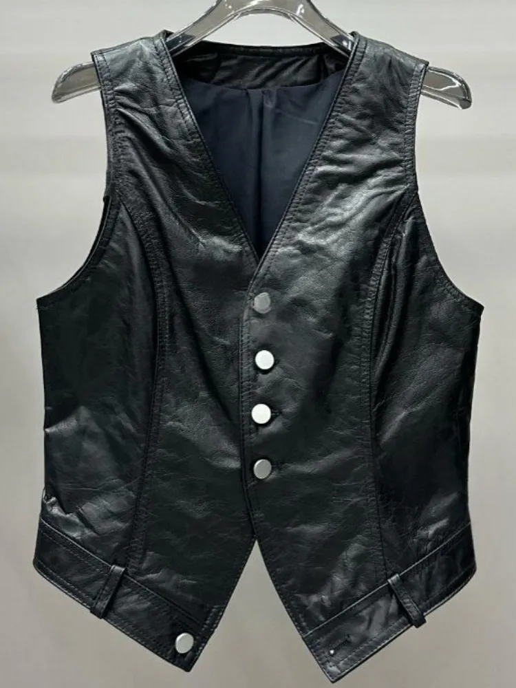 Leisure Style Genuine Leather V Neck Single-Breasted Handmade Vest Straight Sheepskin Sleeveless Solid Color Female Outerwear