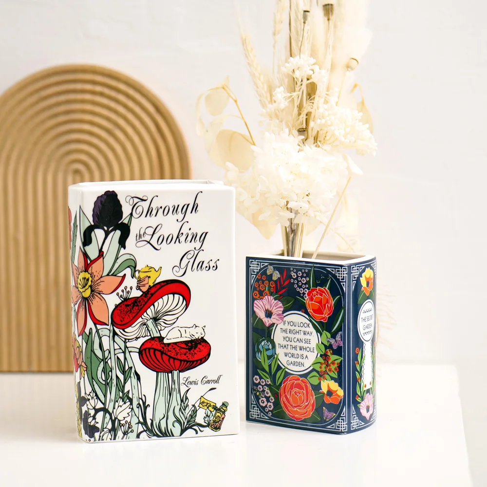 New 2024 Modern Unique Ceramic Book Vase Personalized Painted Porcelain Flower Book Shaped Vases for Home Desktop