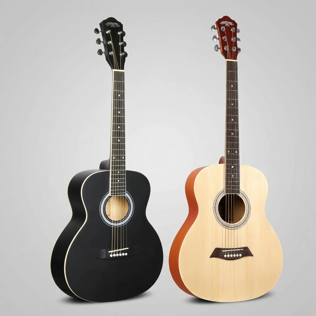 2 Color Round Body Folk Acoustic Guitar Gloss Finish 6 Strings, Black Natural White Binding for Beginners, Great for Practice