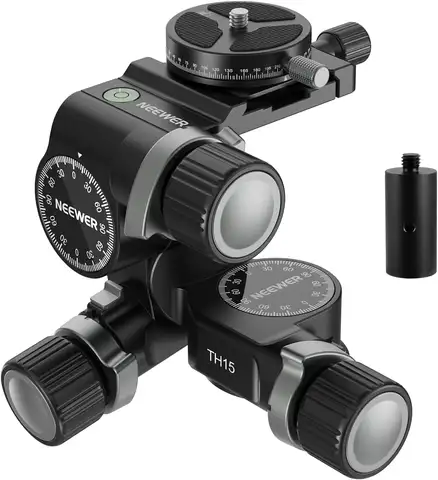 NEEWER 3 Way Geared Tripod Head with 360° Pan Arca QR Plate, Millimeter Micro Adjustment, Aluminum Alloy 3 Axis Pan Tilt Head