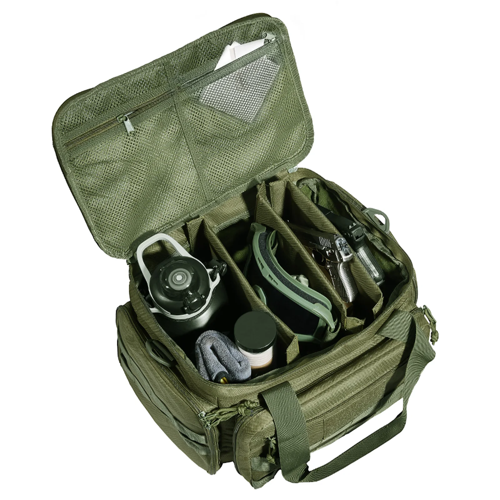 Range Bag for 4 Pistols, Tactical Gun Range Bag with 3 Detachable Baffles & 6 Magazines, Firearm Shooting Handgun Bag for Outdoor Hunting Shooting Pistol Bag with Single Shoulder Strip, Green