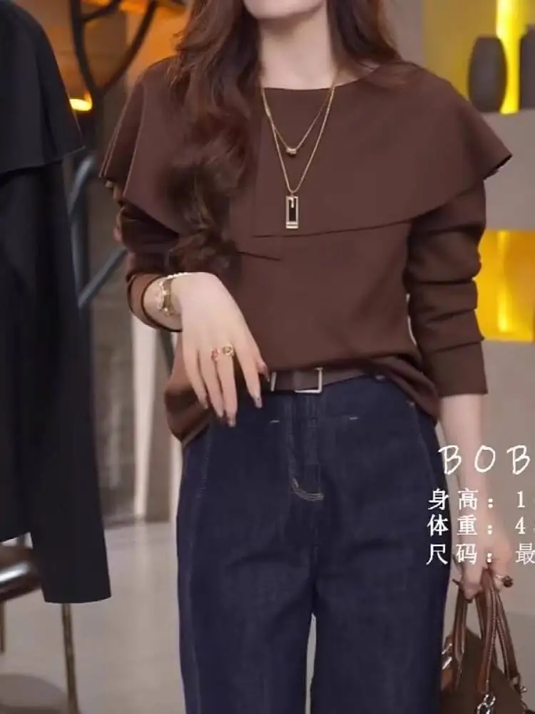 

2025 Autumn Plus Size Women's T-shirt French Style High End Knit Top Slim Fit Stylish Unique Long Sleeve Shirt For Curvy Figures