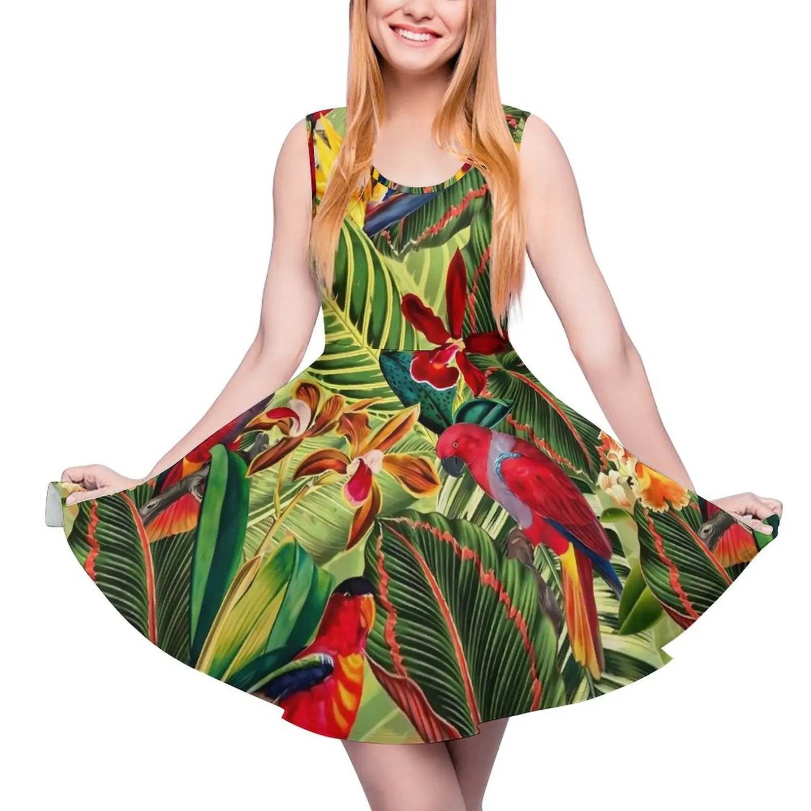 Tropische Vogels Bloemenjurk Met Print Strandjurken Met Hoge Taille Street Fashion Bedrukt Skate Jurk Zomer Oversized Vestido