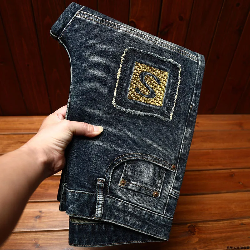 Jeans rasgado personalizado masculino, calça reta amarrada no tornozelo, roupa da moda, todos os fósforos, raspagem elástica B, novo, 2023