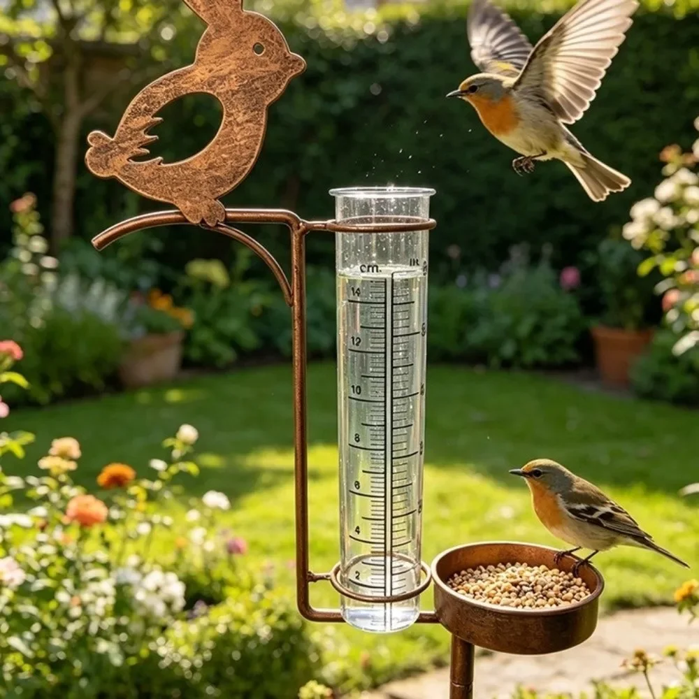 HLH Rabbit Stake Iron Bird Bath Feeder Weatherproof Removable Garden Rain Gauge Decorative Weather-Resistant Bird Water Drinker
