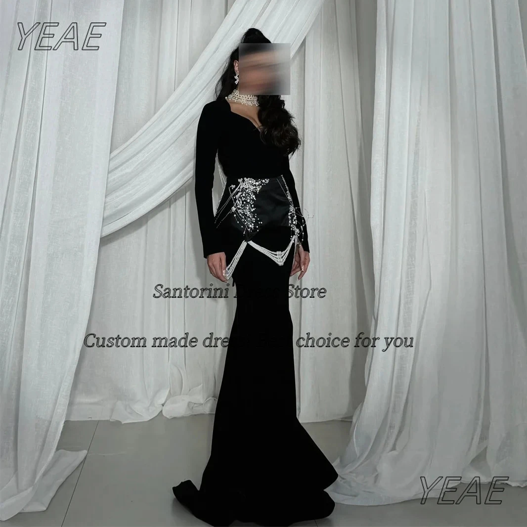 

Santorini Customized Black Evening Dresses Long Sleeves Prom Dress Sexy Backless Beading Decoration Vestidos Des Party Gowns