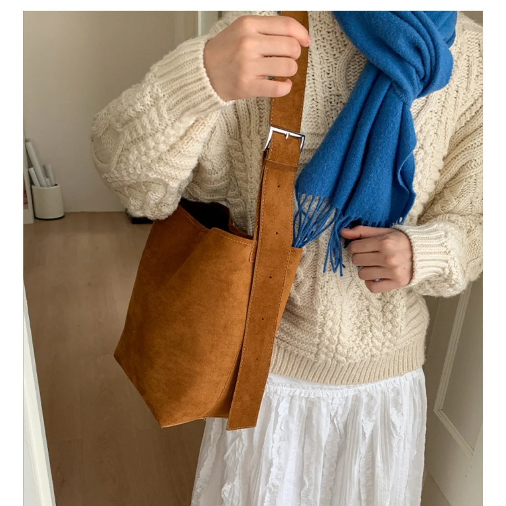 Women Korean Version Faux Suede Shoulder Bag Simple Versatile Wide Strap Large Capacity Shoulder Tote Casual Cross-body Bag