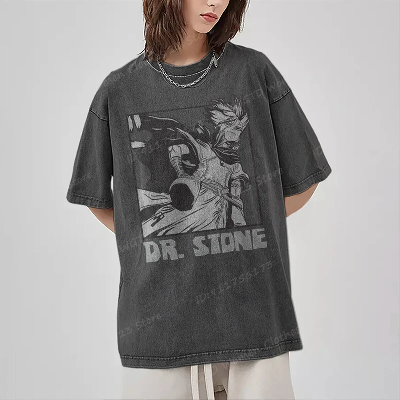 Popular Dr.Stone Print T-shirts For Women/Men Summer Short Sleeve Vintage High Quality Washed Cotton Tee Shirt Personalized Tops