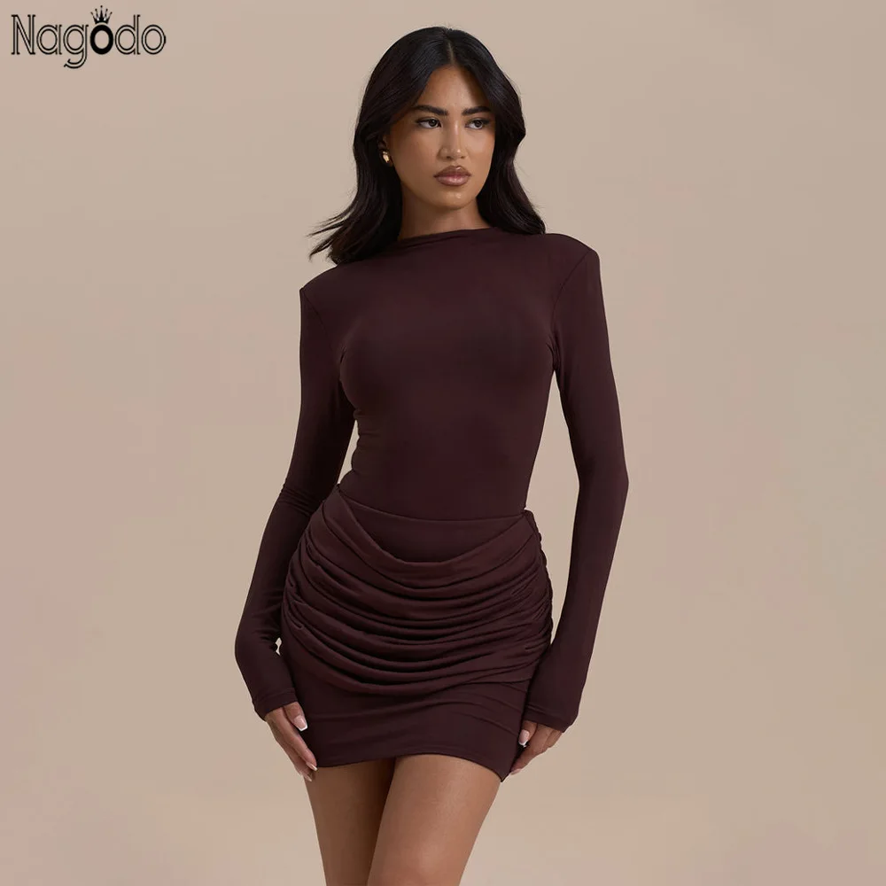 

Nagodo Women's Party Dress Sexy Pleated Short Evening Bodycon Dresses High Waist Slim Long Sleeve Brown Gray Black Elegant Gowns