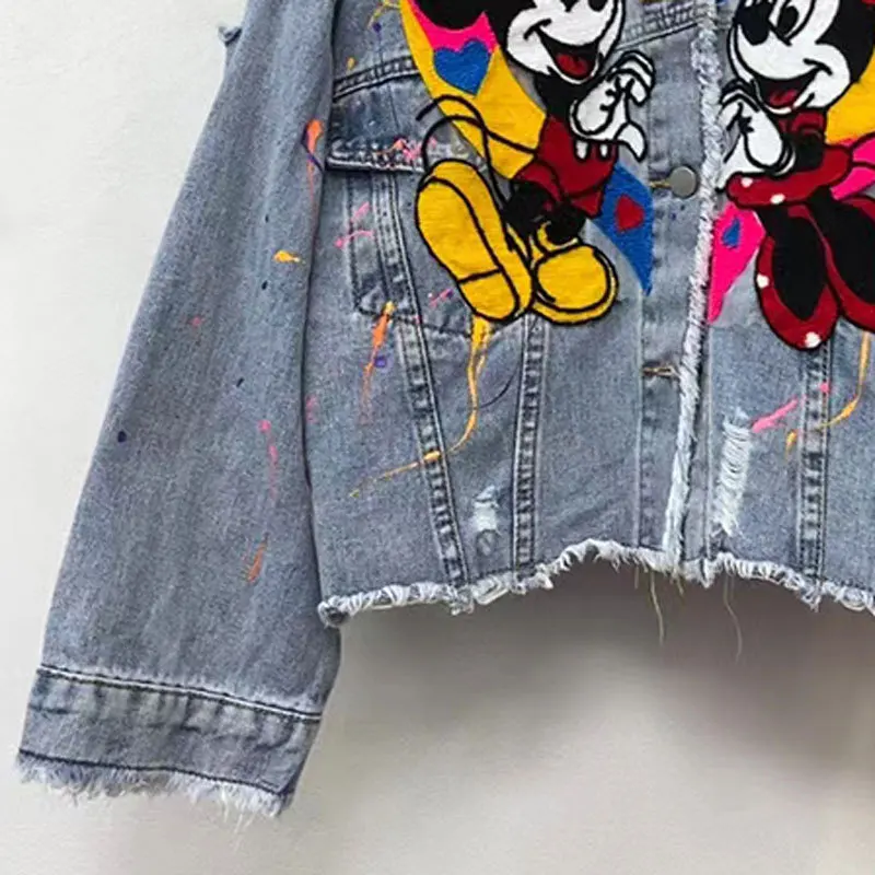 Veste en jean avec Patch de dessin animé pour femme, haut court et ample, vêtement décontracté à simple boutonnage, nouvelle collection printemps et automne 2025
