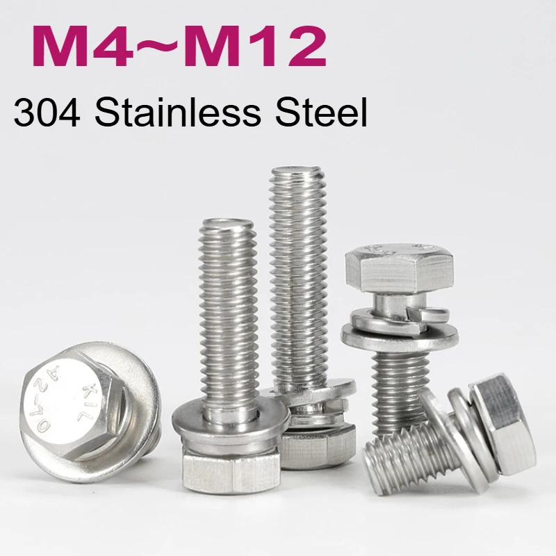 M4 M5 M6 M8 M10 M12 304 Stainless Steel Cut Edge External Hex Hexagon Head Screws Nuts Flat Washers Spring Gasket Assemble Bolt