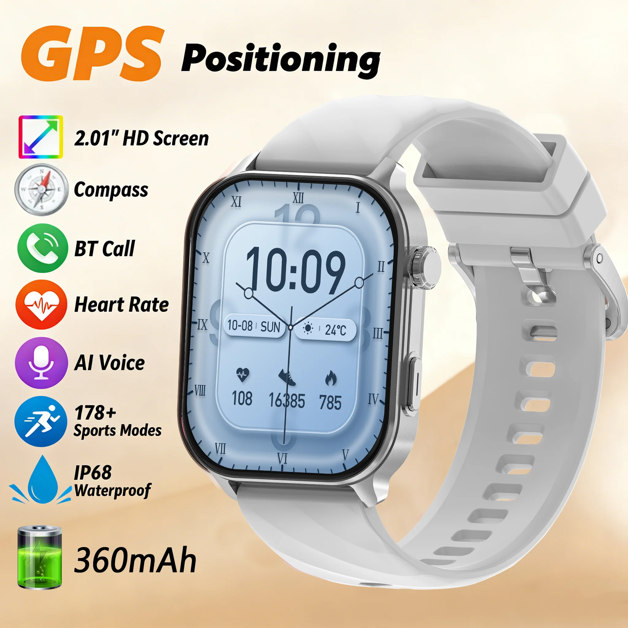 

2026 new For Android IOS GPS Smart Watch Women 2.01" HD Screen Heart Rate Bluetooth Call Compass IP68 Waterproof Men Smartwatch
