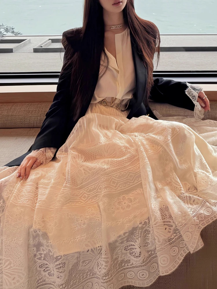 

Ele White Lace Hollow out f Skirt Casual Commute High Waist A-Line Midi Skirt for Young Women 8-24 Years Old