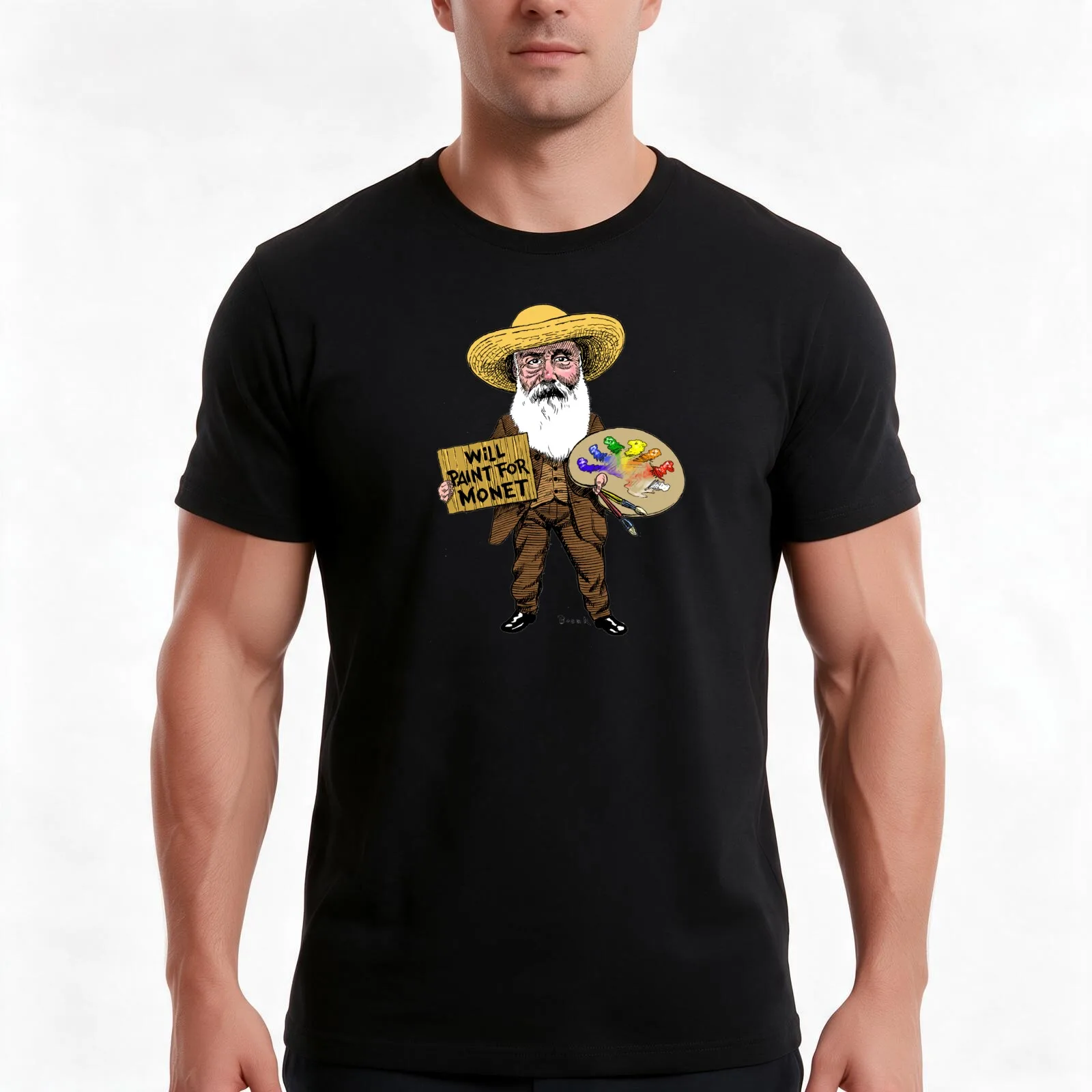 Will Work For Monet T-Shirt, Summer Casual Cotton Tee, Oversized Streetwear Tops, Vintage Graphic Print, Loose Fit Short Sleeve