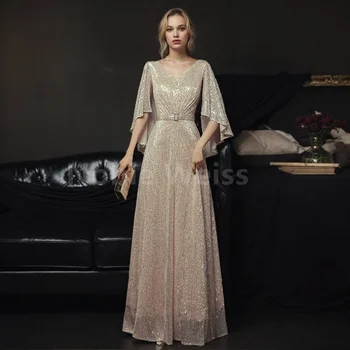 スパンコールのついたイブニングドレス,Vネック,地面の長さ,パーソナライズされた,空中ブランコカット,イブニングウェア