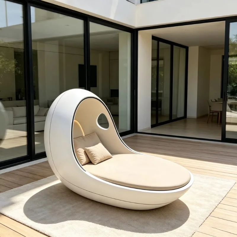 FRP egg-shaped outdoor recliner beige fabric cushion recliner suitable for courtyard