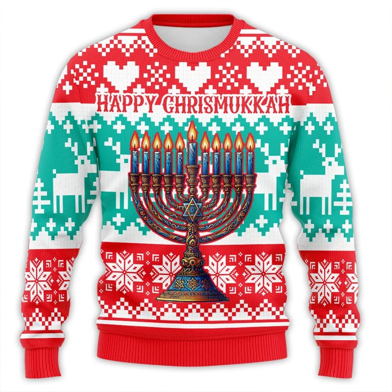 SHanukkah Menorah 3D Printed Ugly Christmas Sweater for Unisex Clothes Chanukah Mens Sweatshirt Holiday Pullovers Boy Tracksuit