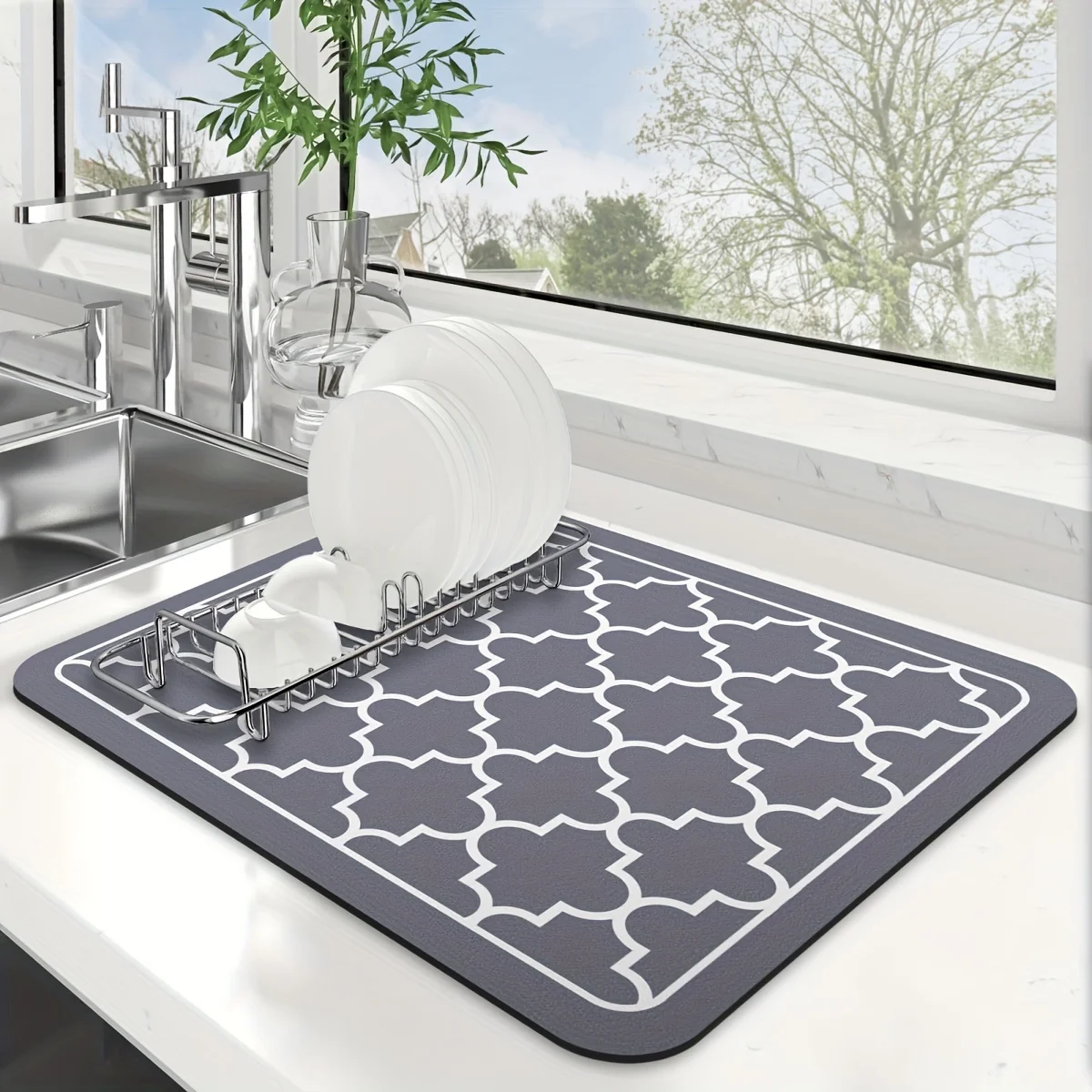 ETAOTAO Non-slip Kitchen Tableware Drain Pad Blue Gray Dish Drainer Mat Printed Dinnerware Placemat