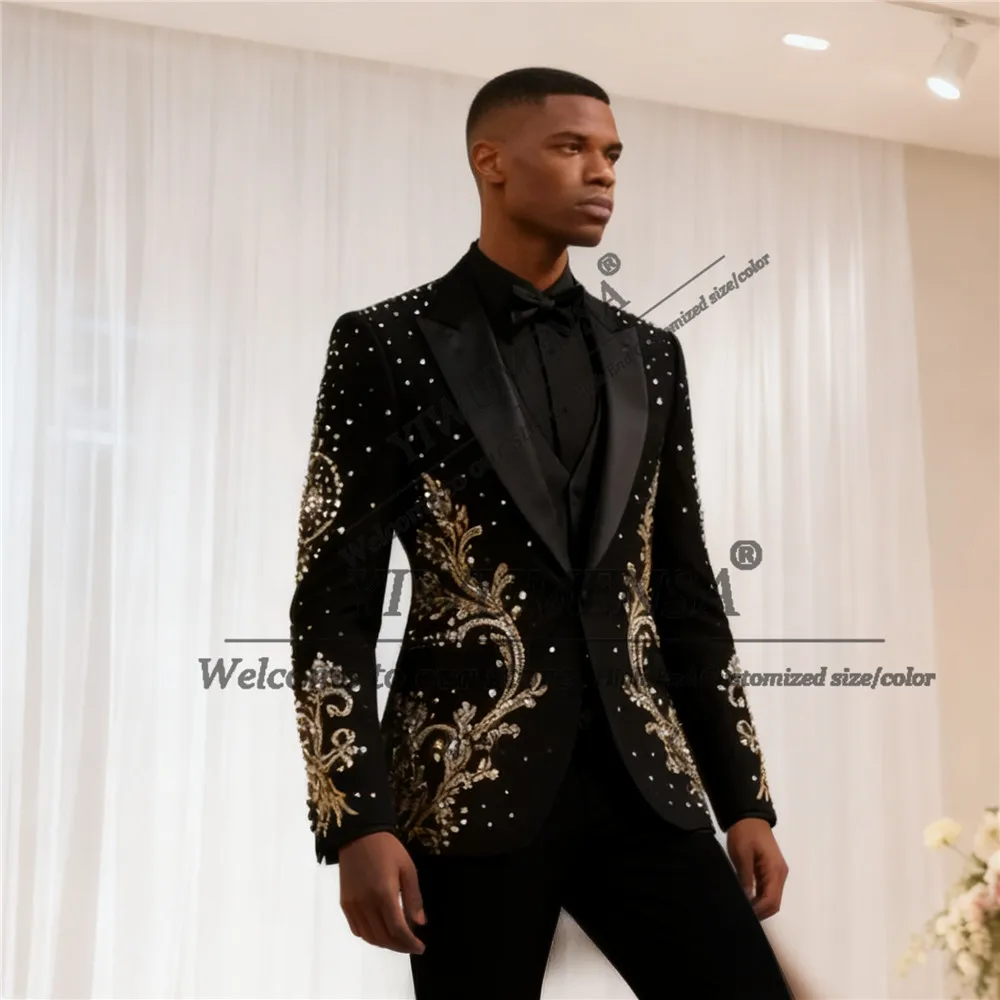 

Brilliant Crystals Beaded Suit Attire For Men 3 Piece Set Jacket Vest Pants Customized Man Banquet Blazers Customized Groom Tuxe
